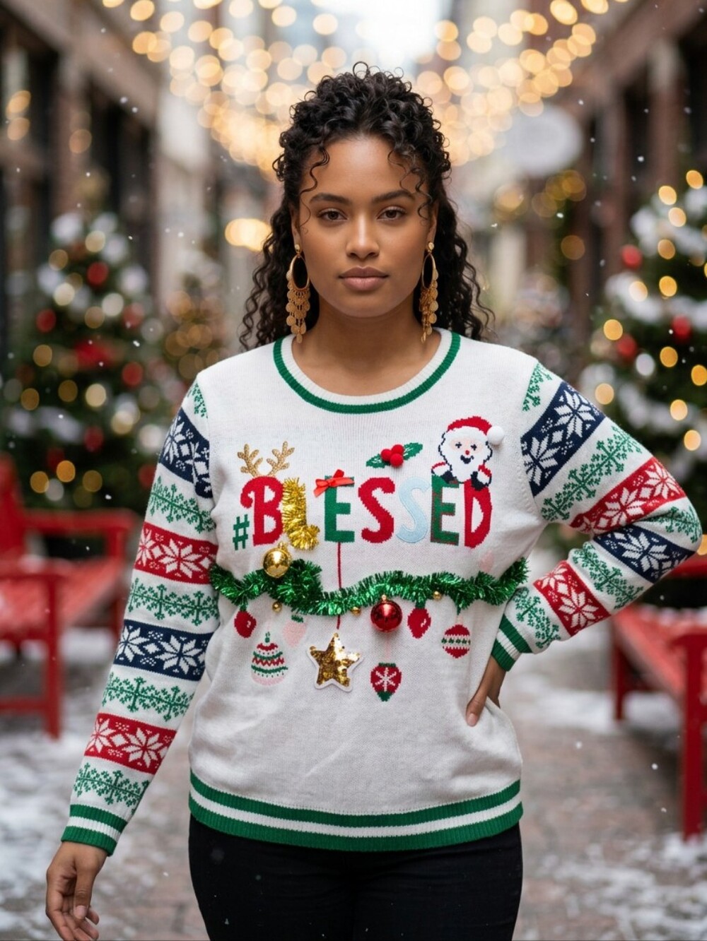 BLESSED Sequin Santa Ugly Christmas Sweater Cute Decorated Holiday Knit Women's